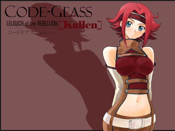 Anime picture 1024x768 with code geass sunrise (studio) kallen stadtfeld blush short hair bare shoulders inscription silhouette navel detached sleeves belt headband