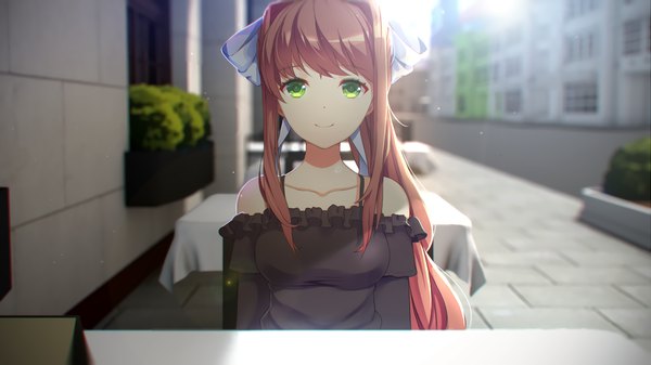 Anime picture 2560x1440 with doki doki literature club monika (doki doki literature club) tsukimaru single long hair looking at viewer highres smile brown hair wide image bare shoulders green eyes ponytail girl dress ribbon (ribbons) hair ribbon