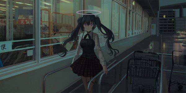Anime picture 2500x1250 with original chihuri single long hair looking at viewer highres breasts black hair wide image standing purple eyes twintails indoors pleated skirt plaid skirt wavy hair girl skirt miniskirt shirt