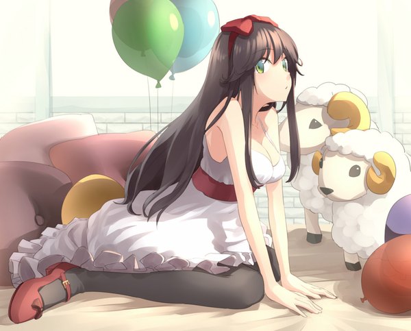 Anime picture 1185x955 with original touboku single long hair looking at viewer black hair bare shoulders green eyes girl dress bow hair bow pantyhose pillow bed toy stuffed animal sundress balloon