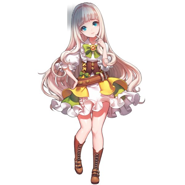 Anime picture 1200x1200 with majo single long hair looking at viewer fringe blue eyes blonde hair standing full body parted lips :d short sleeves puffy sleeves hand on hip lace-up boots confused girl dress boots belt