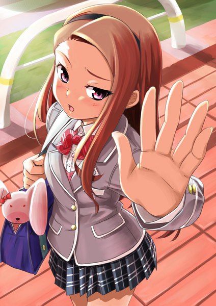 Anime picture 827x1169 with idolmaster minase iori miri (ago550421) single long hair tall image looking at viewer blush open mouth brown hair purple eyes girl skirt uniform school uniform hairband school bag