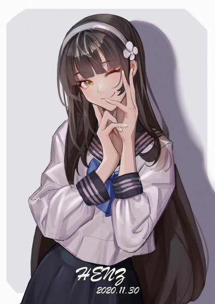 Anime picture 2480x3508 with girls frontline type 95 (girls frontline) henz single long hair tall image looking at viewer fringe highres black hair simple background smile standing signed yellow eyes blunt bangs long sleeves head tilt one eye closed wink