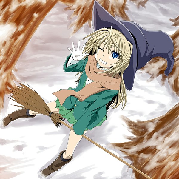 Anime picture 1000x1000 with original watarui single long hair looking at viewer blue eyes blonde hair smile one eye closed wink witch girl uniform plant (plants) school uniform tree (trees) shoes scarf witch hat broom