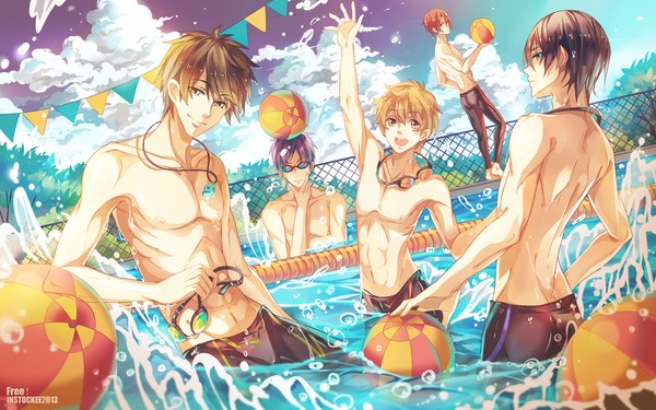 Anime picture 2000x1250 with free! kyoto animation matsuoka rin nanase haruka (free!) tachibana makoto hazuki nagisa ryugazaki rei instockee looking at viewer highres short hair open mouth blue eyes black hair blonde hair brown hair wide image brown eyes sky purple hair