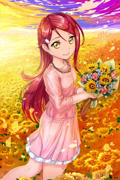 Anime picture 1200x1800 with love live! sunshine!! sunrise (studio) love live! sakurauchi riko r.p.s single long hair tall image looking at viewer hair between eyes standing yellow eyes sky cloud (clouds) outdoors red hair light smile bare legs depth of field girl