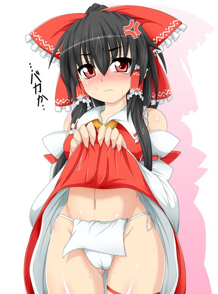 Anime picture 818x1100 with touhou hakurei reimu kokujuuji single long hair tall image looking at viewer blush light erotic black hair simple background red eyes white background bare shoulders tears dress lift frown girl dress underwear