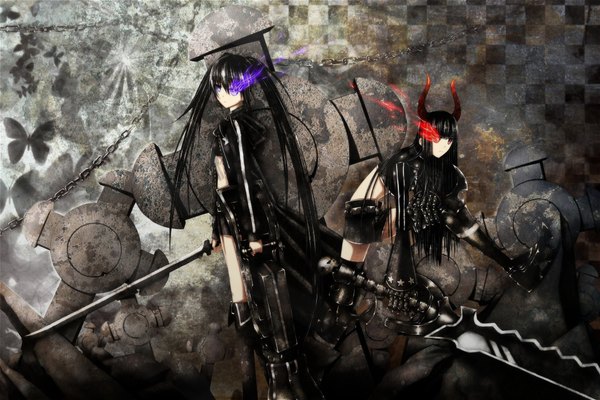 Anime picture 2148x1432 with black rock shooter black rock shooter (character) black gold saw swordsouls long hair highres simple background red eyes twintails purple eyes multiple girls very long hair horn (horns) glowing glowing eye (eyes) girl weapon 2 girls sword shorts