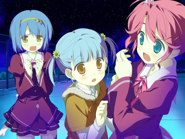 Anime picture 1600x1200 with hoshizora no memoria kogasaka chinami aoi isuzu shida kazuhiro blush short hair open mouth blue eyes twintails multiple girls yellow eyes blue hair pink hair game cg night short twintails girl skirt uniform school uniform