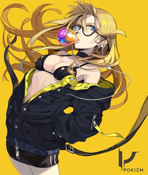 Anime picture 1017x1200 with original pokimari single long hair tall image fringe breasts blue eyes light erotic blonde hair simple background hair between eyes cleavage off shoulder inscription yellow background partially open clothes hands in pockets unbuttoned bubble blowing