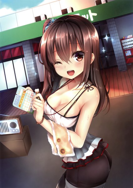 Anime picture 2494x3500 with original kaguyuu single long hair tall image looking at viewer blush fringe highres breasts open mouth light erotic hair between eyes brown hair large breasts bare shoulders brown eyes cleavage ass one eye closed