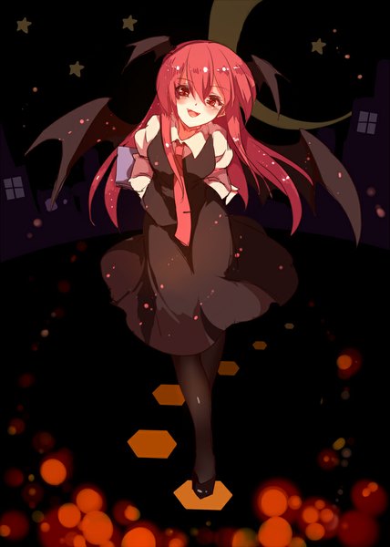 Anime picture 714x1000 with touhou koakuma yetworldview kaze long hair tall image looking at viewer blush fringe open mouth red eyes red hair :d hands behind back bat wings head wings girl skirt pantyhose wings necktie