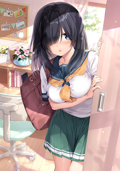 Anime picture 1062x1505 with original oryou single long hair tall image looking at viewer blush fringe breasts open mouth blue eyes black hair standing indoors blunt bangs pleated skirt fingernails sunlight hair over one eye :o
