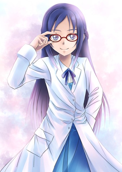 Anime picture 1447x2046 with precure dokidoki! precure toei animation hishikawa rikka rintarou hayashi single long hair tall image looking at viewer blue eyes smile blue hair girl dress glasses labcoat