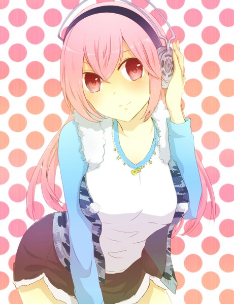 Anime picture 1000x1300 with nitroplus super sonico tagme (artist) single long hair tall image looking at viewer blush smile pink hair pink eyes polka dot polka dot background girl skirt headphones