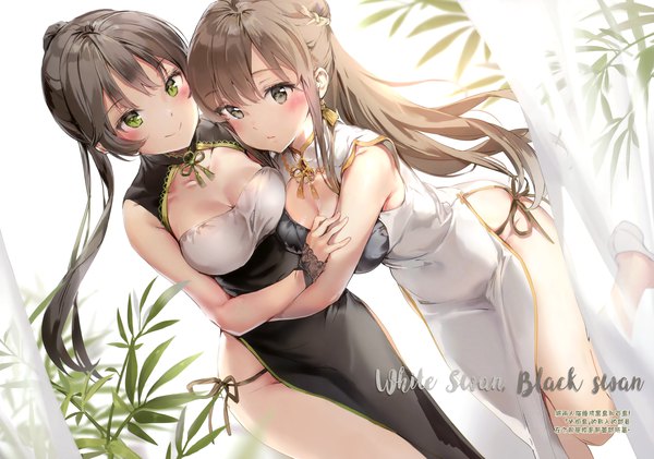 Anime picture 5519x3875 with original anmi long hair blush fringe highres breasts light erotic black hair smile hair between eyes brown hair standing bare shoulders multiple girls green eyes absurdres cleavage ponytail traditional clothes