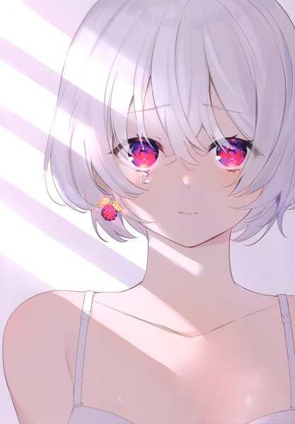 Anime picture 2092x3006 with original achiki single tall image looking at viewer blush fringe highres short hair hair between eyes red eyes upper body white hair scan girl teardrop single earring