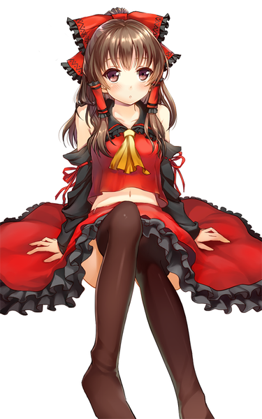 Anime picture 550x880 with touhou hakurei reimu momoko (momopoco) single long hair tall image looking at viewer blush fringe brown hair sitting purple eyes bent knee (knees) wide sleeves arm support bare belly legs alternate color girl thighhighs