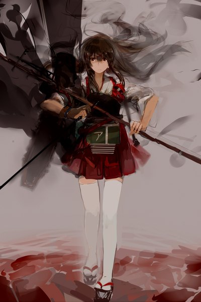 Anime picture 1400x2100 with kantai collection akagi aircraft carrier cus-tom single long hair tall image brown hair brown eyes looking away traditional clothes japanese clothes wind girl thighhighs skirt gloves weapon miniskirt white thighhighs armor