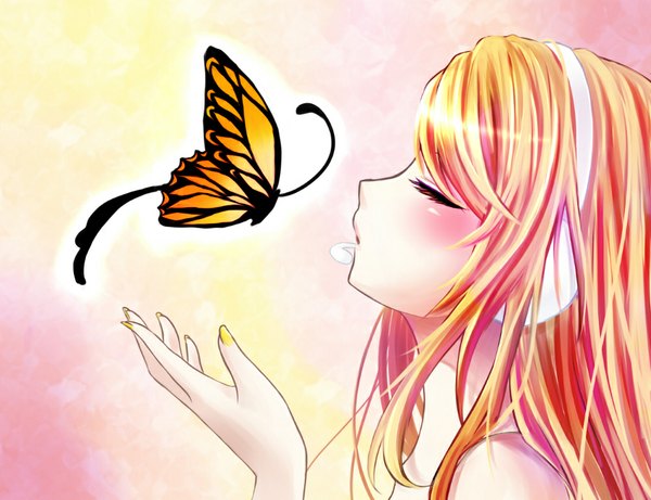Anime picture 1000x769 with vocaloid lily (vocaloid) long hair blonde hair eyes closed nail polish profile lipstick girl headphones insect butterfly microphone