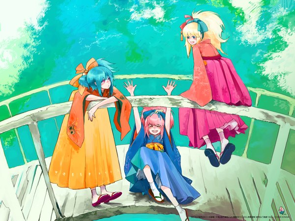 Anime picture 1600x1200 with beatmania beatmania iidx original tagme (artist) long hair blush open mouth blue eyes blonde hair sitting multiple girls pink hair ponytail eyes closed traditional clothes japanese clothes pink eyes aqua hair river girl