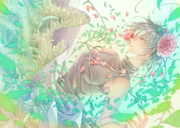 Anime picture 1100x786 with .flow sabitsuki olmatown single short hair yellow eyes looking away hair flower grey hair multicolored girl skirt hair ornament flower (flowers) plant (plants) petals leaf (leaves)