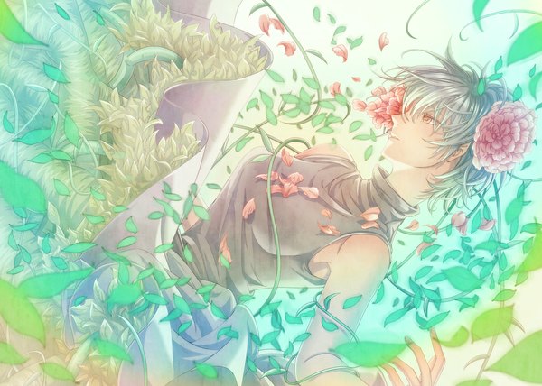 イラスト 1100x786 と .flow さびつき olmatown ソロ 短い髪 黄色眼 looking away hair flower grey hair multicolored 女の子 スカート 髪飾り 花 植物 花弁 葉