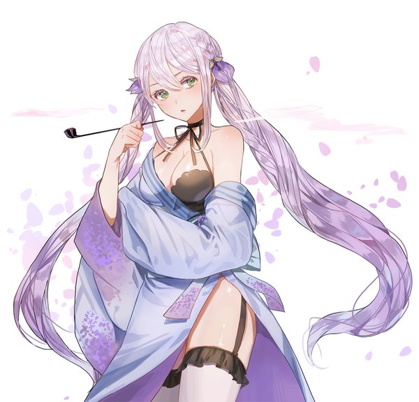 Anime picture 1000x960 with original kim eb single long hair light erotic white background twintails bare shoulders green eyes payot looking away cleavage silver hair purple hair traditional clothes japanese clothes multicolored hair hair flower gradient hair smoke