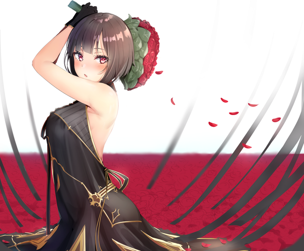 Anime picture 1210x1000 with original reinama single looking at viewer blush fringe short hair breasts open mouth black hair simple background red eyes standing white background holding arm up sleeveless turning head girl dress