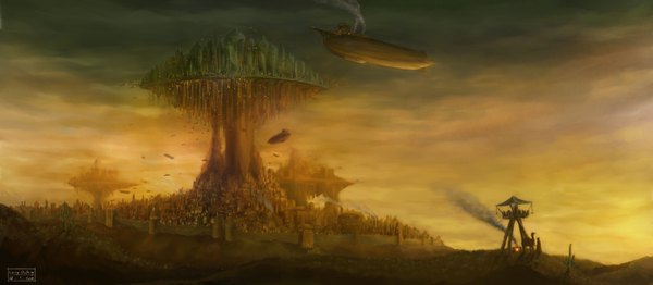 Anime picture 3400x1486 with original 0800 (artist) highres wide image absurdres sky city evening sunset fantasy panorama steam punk wall aircraft dirigible