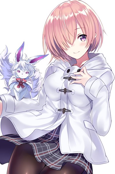 Anime picture 2400x3624 with fate (series) fate/grand order mash kyrielight fou (fate) nagiha kuten single tall image looking at viewer blush fringe highres short hair simple background smile white background purple eyes pink hair hair over one eye official alternate costume girl