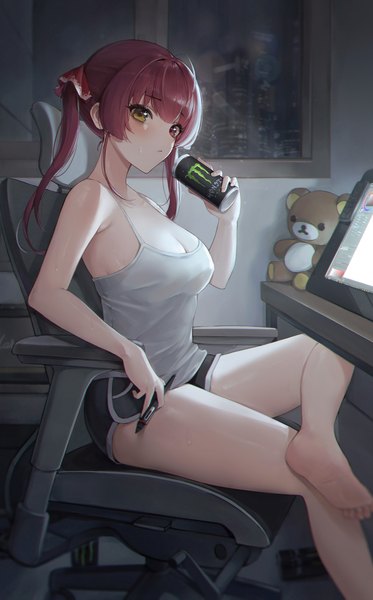 Anime picture 1411x2267 with virtual youtuber hololive monster energy san-x houshou marine rilakkuma lunia single long hair tall image looking at viewer fringe breasts red eyes sitting twintails bare shoulders holding yellow eyes cleavage
