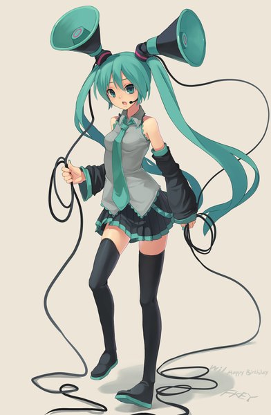 Anime picture 1507x2308 with vocaloid hatsune miku fkey single long hair tall image white background twintails aqua eyes aqua hair girl thighhighs black thighhighs detached sleeves necktie thigh boots wire (wires) megaphone