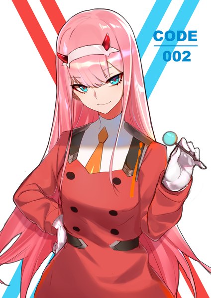 Anime picture 2480x3508 with darling in the franxx studio trigger zero two (darling in the franxx) qingli green single long hair tall image looking at viewer fringe highres smile hair between eyes white background pink hair aqua eyes hand on hip girl gloves food white gloves