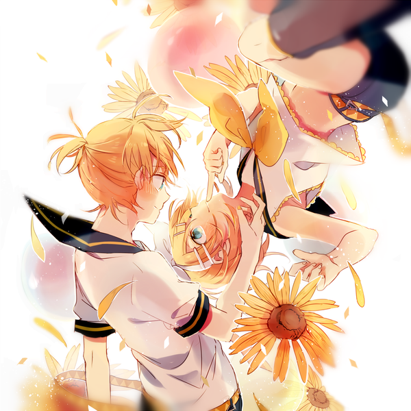 Anime picture 1000x1000 with vocaloid kagamine rin kagamine len makoji (yomogi) blush short hair blue eyes blonde hair ponytail profile finger to mouth siblings twins upside down sailor collar rotational symmetry girl boy flower (flowers) petals