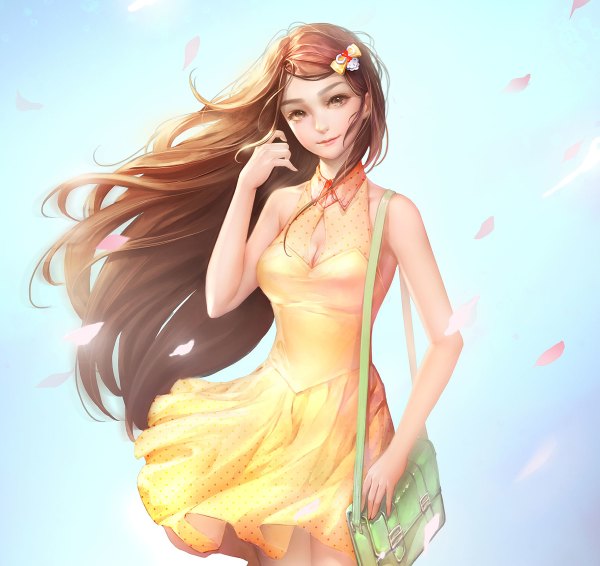 Anime picture 1200x1132 with original orry single long hair looking at viewer smile brown hair standing bare shoulders brown eyes sky head tilt wind sunlight polka dot girl dress hair ornament petals hairclip