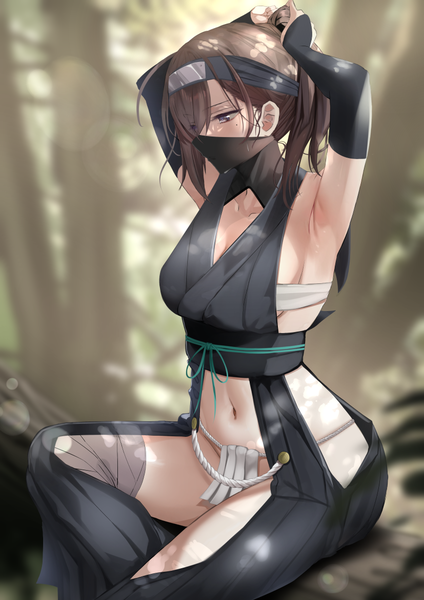 Anime picture 827x1169 with original kesoshirou single tall image fringe short hair breasts light erotic hair between eyes brown hair sitting brown eyes looking away cleavage bent knee (knees) outdoors ponytail traditional clothes japanese clothes profile