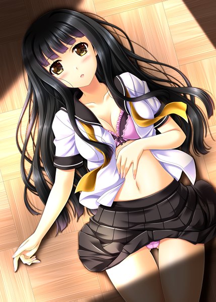 Anime-Bild 1000x1399 mit original akino shin single long hair tall image looking at viewer blush fringe breasts open mouth light erotic black hair lying blunt bangs pleated skirt from above bare belly shadow on back pantyshot