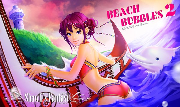 Anime-Bild 1920x1140 mit beach bubbles 2 (game) shawli single long hair highres blue eyes light erotic wide image pink hair sky cloud (clouds) looking back lips sunlight realistic inscription hair bun (hair buns) girl swimsuit animal