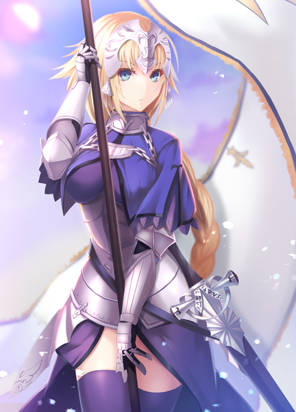 Anime picture 900x1250 with fate (series) fate/apocrypha jeanne d'arc (fate) (all) jeanne d'arc (fate) wakame mi single long hair tall image looking at viewer breasts blue eyes blonde hair large breasts braid (braids) :o zettai ryouiki single braid girl thighhighs weapon