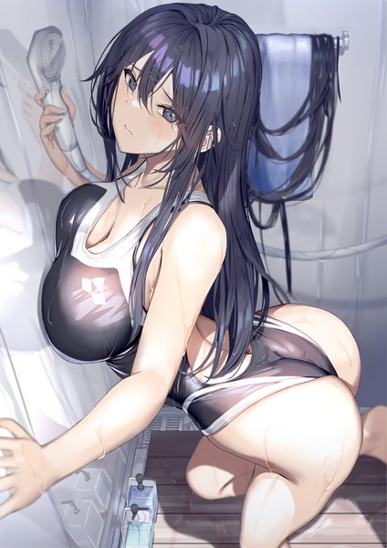 Anime picture 1000x1414 with original neropaso single long hair tall image looking at viewer blush fringe breasts blue eyes light erotic black hair hair between eyes large breasts holding cleavage ass from above wet leaning