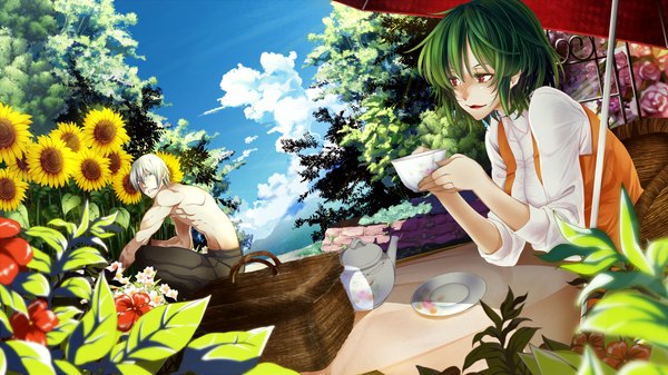 Anime picture 1920x1080 with devil may cry touhou kazami yuuka dante (devil may cry) torio k highres short hair blue eyes red eyes wide image sitting cloud (clouds) white hair green hair crossover girl boy flower (flowers) shirt umbrella
