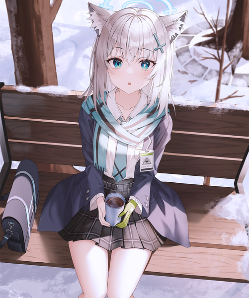 Anime picture 1000x1197 with blue archive shiroko (blue archive) omul single tall image looking at viewer blush fringe short hair breasts open mouth blue eyes hair between eyes sitting holding animal ears payot silver hair bent knee (knees) outdoors