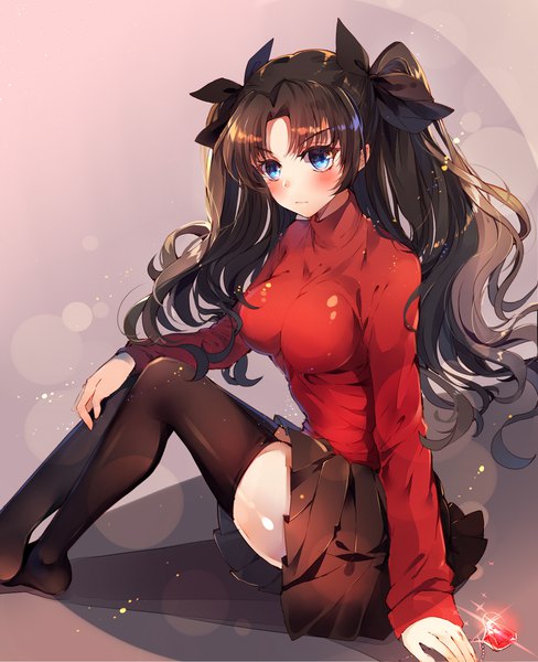 Anime picture 1591x1956 with fate (series) fate/stay night toosaka rin baocaizi single long hair tall image looking at viewer blush highres breasts blue eyes black hair sitting twintails bent knee (knees) no shoes zettai ryouiki body blush long legs