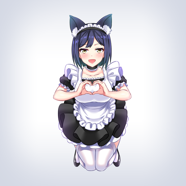 Anime picture 1200x1200 with virtual youtuber nijisanji shizuka rin shirihime single looking at viewer blush fringe short hair open mouth simple background smile animal ears yellow eyes blue hair full body :d cat ears grey background short sleeves