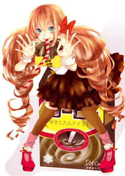 Anime picture 2480x3508 with original togashi (choco-bakama kitchen) single long hair tall image blush highres simple background brown hair twintails aqua eyes mouth hold drill hair girl thighhighs bow hair bow wrist cuffs coffee