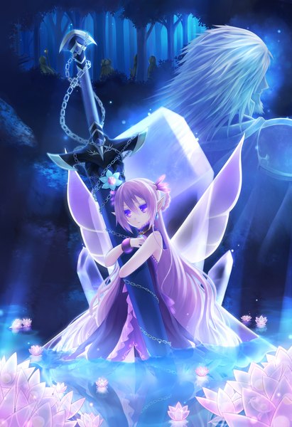 Anime picture 850x1240 with original pixiv fantasia pixiv fantasia fallen kings kurone kuroneko long hair tall image purple eyes pink hair white hair very long hair pointy ears girl dress boy hair ornament flower (flowers) weapon plant (plants) sword wings