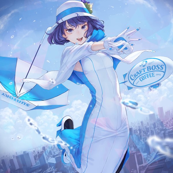 Anime picture 1000x1000 with suntory suntory nomu kaoming single looking at viewer fringe short hair open mouth blue eyes hair between eyes blue hair sky cloud (clouds) bent knee (knees) outdoors depth of field city cityscape jumping girl