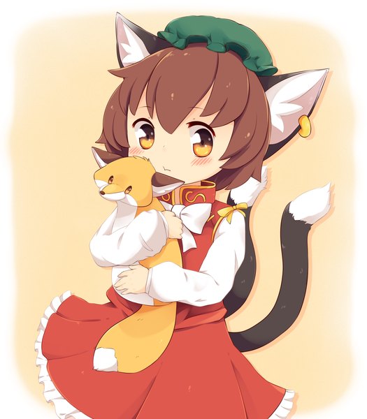 Anime picture 2100x2400 with touhou chen riza dxun single tall image looking at viewer blush highres short hair simple background brown hair animal ears yellow eyes tail long sleeves animal tail cat ears cat girl cat tail hug