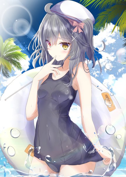 Anime-Bild 1332x1864 mit original aruka (alka p1) single tall image blush short hair light erotic black hair sky cloud (clouds) ahoge heterochromia one side up lens flare covered navel finger to mouth girl hair ornament swimsuit plant (plants)